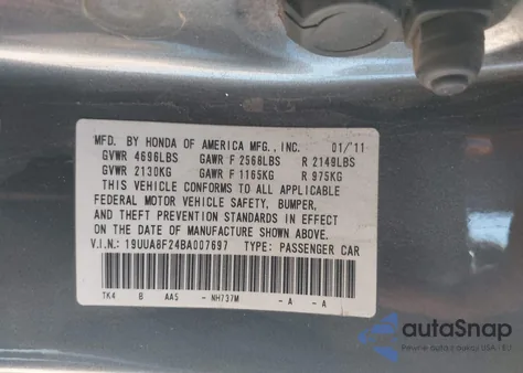 2011 Acura Tl 3.5 из США, поврежденный, VIN 19UUA8F24BA007697
